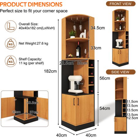 Mueble esquinero para vino 40x40x182 cm en MDF natural con colgador de copas – MEUBLIV (1/5)