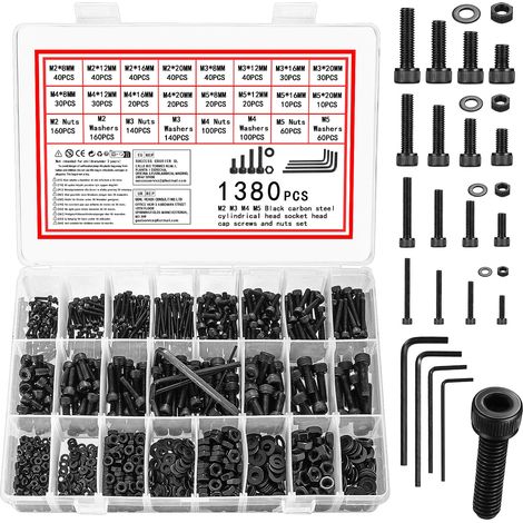 1380 Pcs Vis et écrous, M2 M3 M4 M5 Visserie Boulons et écrous, Vis et Boulon et Rondelles Set, Vis à Tête Hexagonale, Assortiment Kit di Boulons Vis à Six Pans Creux pour Réparation, Noirs (1/5)