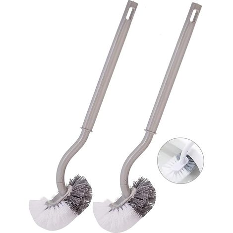 Brush Toilet - Long Handle - C-Shaped Head for Under-Rim Cleaning - Soft White + Stiff Gray Bristles - 2 Pieces (1/5)