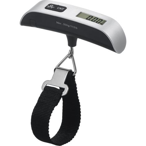 Irovami Balance à bagages portable en acier inoxydable avec crochet, écran LCD rétroéclairé, mesure de la température et capacité de 50 kg (110 lbs). (1/5)