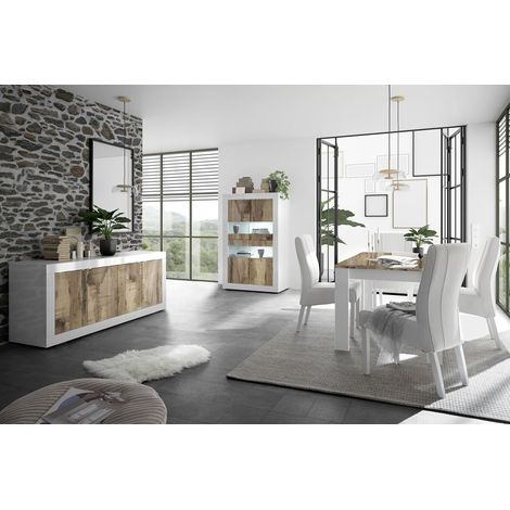 Altobuy – Ensemble séjour buffet 4 portes blanc laqué – Aspect bois vieilli – Dimensions buffet 210x43xH65cm – Vitrine 101,4x42xH161,2cm – Table 180x90xH79cm