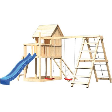Akubi Stelzenhaus Frieda natur Rutsche blau+DS+KG+Netzrampe