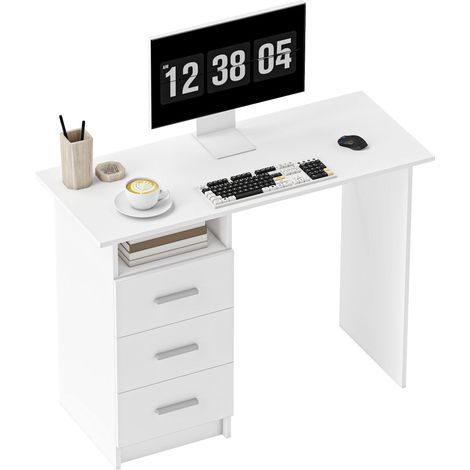 Bureau moderne en bois avec 3 tiroirs et une étagère ouverte, 100 x 40 x 75 cm, blanc et marron (1/5)