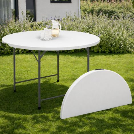 Mesa auxiliar redonda plegable y portátil de 122 cm para camping o entretenimiento con funda blanca