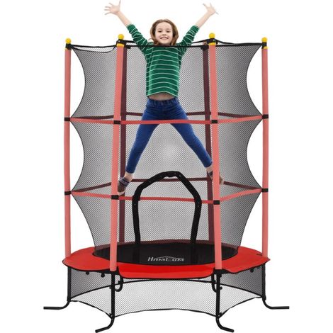 Trampoline Enfant Ø 1,63 × 1,9H m Filet de sécurité Porte zipée Couvre-Ressorts 6 poteaux rembourrés Inclus Rouge