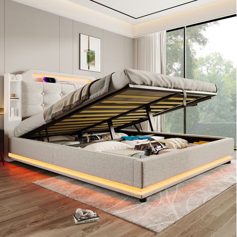 Bett Polsterbett Stauraum 140x200 Leinen Beige OKMYHOME (1/5)