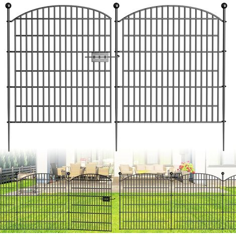 clôture de jardin extérieure en acier, 10 panneaux, arche supérieure, clôture pour étang, 770 x 80 cm, métal, patio, terrasse, noir (verrouillable) (1/5)