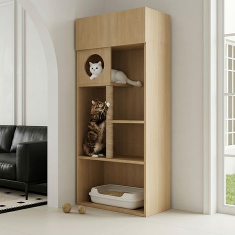 Armario rascador para gatos, armario para mascotas, poste rascador, armario para arenero, armario de almacenamiento para mascotas, armario con poste rascador, sin arenero, color madera natural, mueble (1/5)