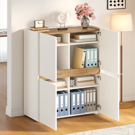 MODFU – Aparador alto 90x40x110 cm con 4 puertas, 8 compartimentos y 4 estantes regulables para salón, oficina o recibidor – Blanco/roble (1/5)