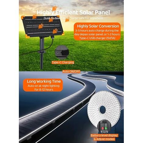 Solaire Ruban LED Exterieur, 15m Flexible Bande LED Exterieure Autocollante avec Télécommande, Dimmable, 8 Mode, 960 LED, IP68 Étanche, pour Garten, Jardins, Terrasse, Fête, Blanc Froid (1/5)