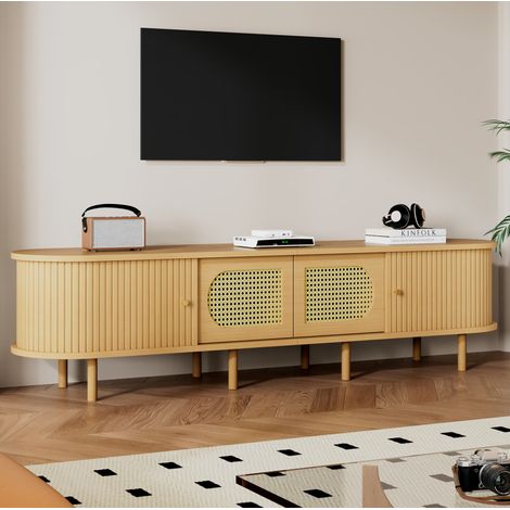 Meuble TV 180x40x40 cm pour téléviseur jusqu’à 75 pouces, 2 portes décor rotin, MDF bois naturel (1/5)