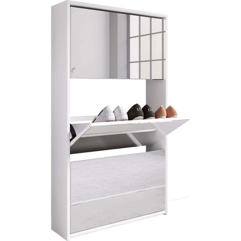 Ebuy24 – Armoire à chaussures basculeur avec miroir – H. 112 x L. 63 x P. 17 cm – 3 compartiments pour 9 paires – Raccords en métal de haute qualité
