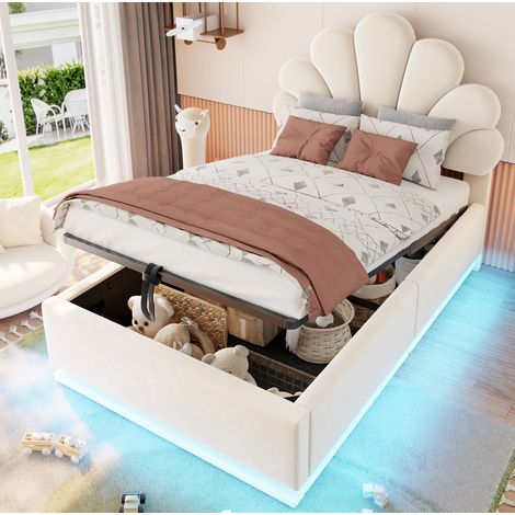 Cama con arcón 90x200 cm de terciopelo beige con LED y cabecero floral, estructura metálica (1/5)