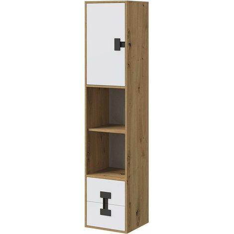 Étagère Florevi 111, Mat blanc + Chêne Artisan, Avec des portes, Avec tiroirs, Stratifié, Le nombre de portes: 1, Nombre de tiroirs: 2, 191x40x40cm