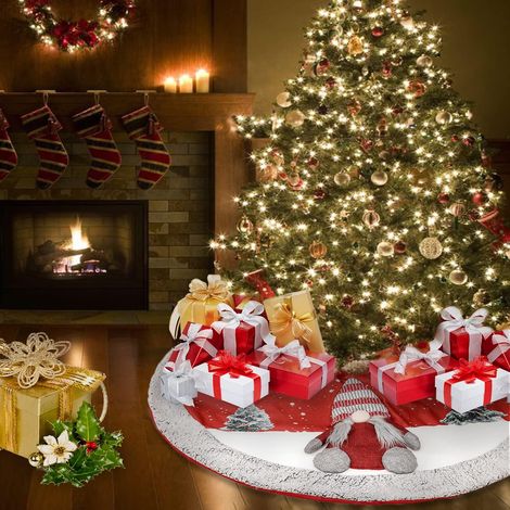 Jupe De Sapin De Noël 120cm Rouge Avec Gnome Sans Visage Et Flocon De Neige En Peluche Douce Pour Decoration Pied D'arbre Festif (1/4)