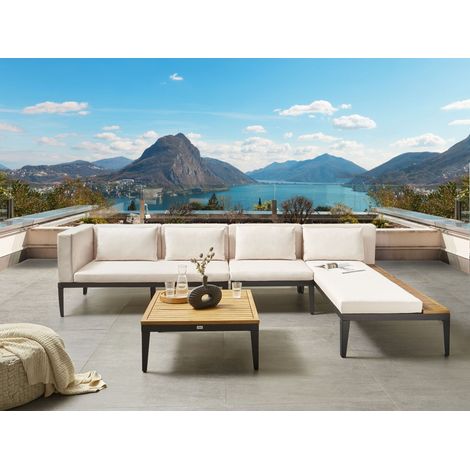 Conjunto de jardín 4 plazas de madera de acacia certificada sofá esquinero con mesa de centro cojines beige claro izquierdo Bracciano (1/5)