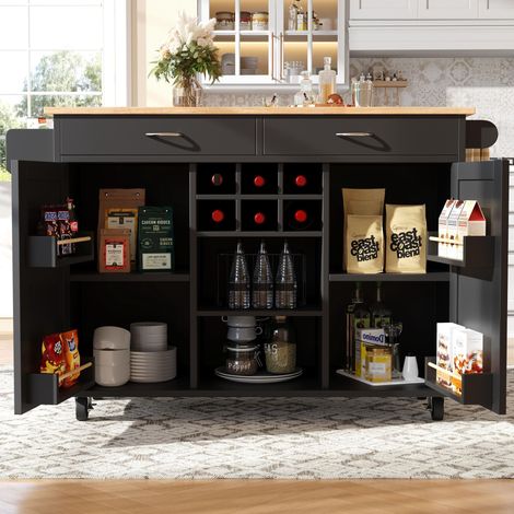 Moderne Kücheninsel mit Holzmaserung (102x45x92cm),multifunktionaler Küchenschrank,Buffetschrank und Speisewagen in schwarz mit Stauraum (1/5)