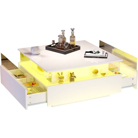 Table basse Blanc, LED, 90 x 55 x 45 cm, particle board, moderne, pratique, avec rangement, pour salon, élégant (1/5)