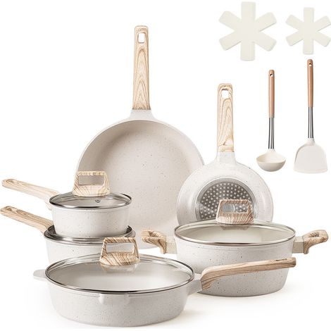 VEVOR Batterie de cuisine 17 pièces – Casseroles et poêles induction antiadhésives effet granit, couvercles en verre trempé, blanc
