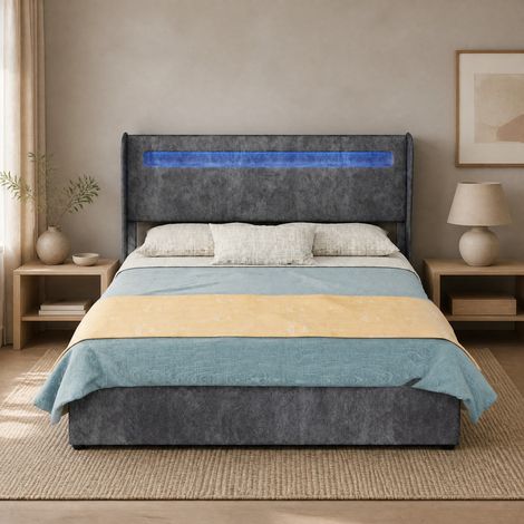 Letto matrimoniale adulto 140x200 cm grigio con LED e contenitore, tessuto e metallo MEUBLIV (1/5)