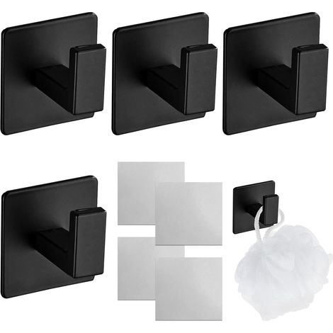 Sollbry Ganchos autoadhesivos para toallas (paquete de 4), sin necesidad de taladrar, para baño, cocina, dormitorio, garaje, hotel, armario, color negro. (1/5)