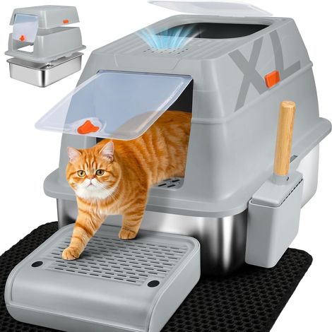 XL Cat Litter Tray, Stainless Steel Litter Tray with Lid, Cat Litter Box, Scoop+Carpet+Step - 60 x 40 x 39.5 cm (Grey) (1/5)