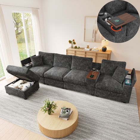 Canapé d'angle modulable avec pouf, canapé d'angle multifonctionnel avec rangement, ports USB/Type-C, porte-gobelets, table basse pivotante à 360°, rangement dans les accoudoirs, canapé gris pour salo (1/5)