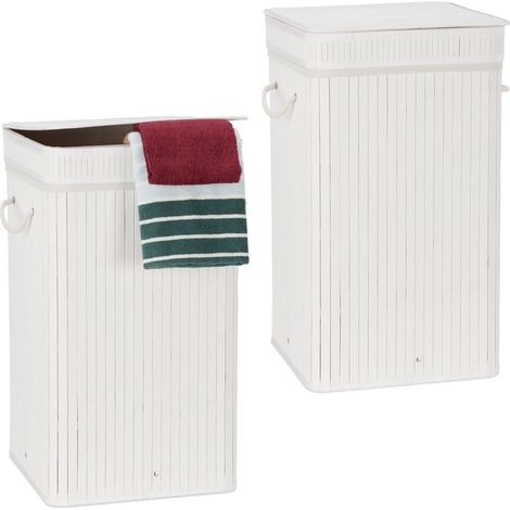 Corbeille à linge pliable, lot de 2, Bambou, avec anse, 70 litres, couvercle, HxlxP 63 x 36 x 36 cm, blanc