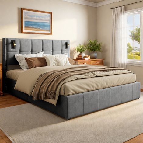 Letto contenitore 140 x 200 cm, letto 140x200 con rete a doghe, letto matrimoniale, struttura letto, con luce da lettura laterale, grigio, velluto (1/5)