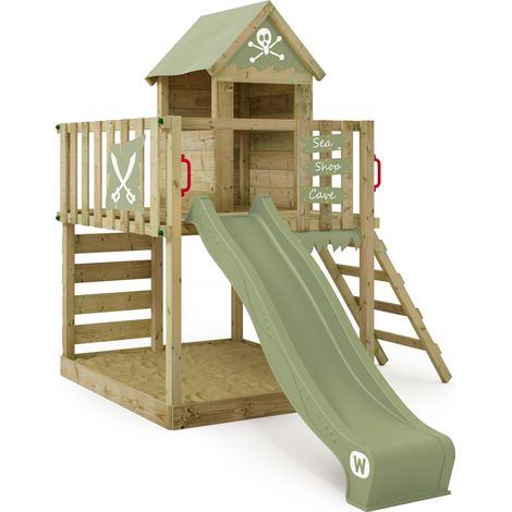Holzspielhaus Wickey Smart Life mit Rutsche und Sandkasten in Hellgrün