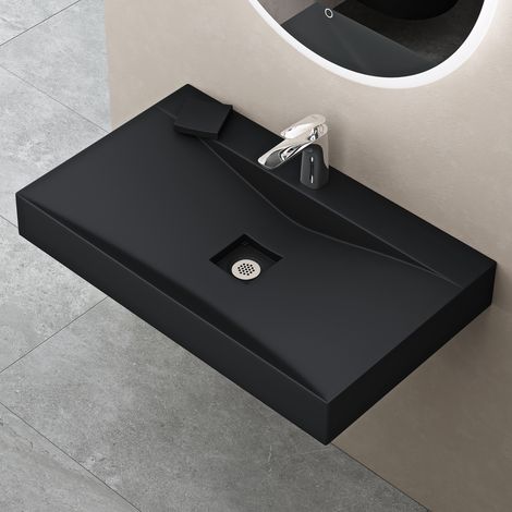 doporro Vasque à Poser 100cm avec Bonde Lavabo Suspendu Noir Mat Colossum810 Fonte Minérale Solid Surface 100x48x12cm