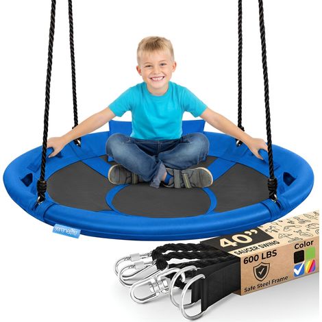 SereneLife Altalena da Giardino per Bambini Rotonda 102 cm con Kit di Fissaggio Universale, Altalena Corde Regolabili e Cuscino per Uso Esterno (1/5)