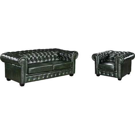 Canapé chesterfield 3 places et un fauteuil BRENTON 100% cuir de buffle - Vert empire (1/5)