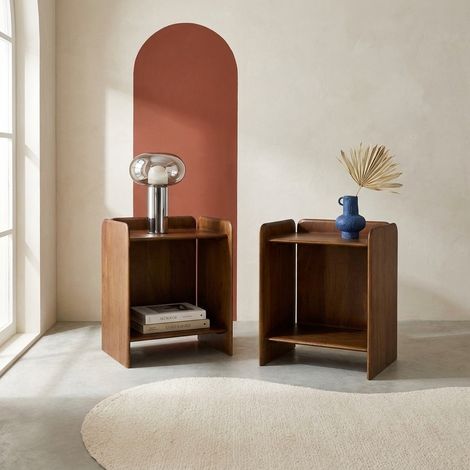 Lot de 2 tables de chevet exotique bois d'acacia 2 niveaux noyer - Tara (1/5)