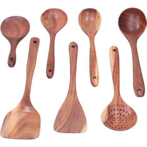 Ensemble de cuillères et spatules en bois, ustensiles de cuisine, Pot de mélange antiadhésif avec Long manche pour la cuisine, 7 pièces (1/5)