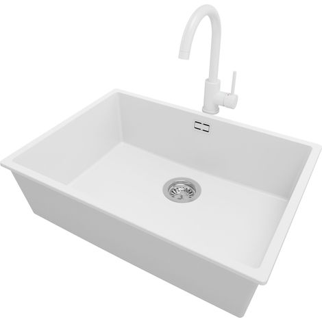 PRIMAGRAN Evier Sous Plan 66x47cm, Evier en Granit 1 bac + Robinet 32x20cm + Kit de Vidage, Évier au meuble 70cm - London, Blanc (1/5)