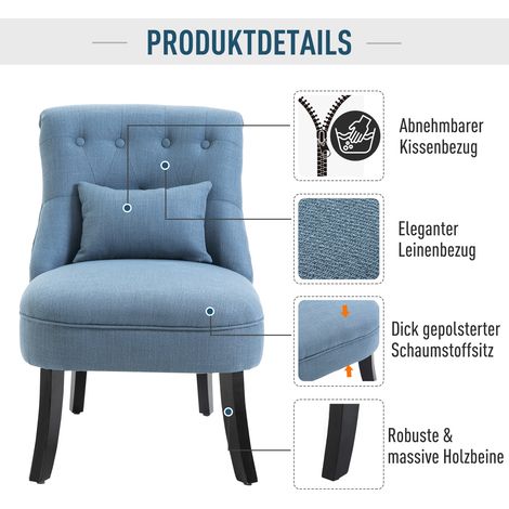 Fauteuil relax inclinable avec coussin lombaire, piétement en bois, revêtement lin, chaise longue de lecture rembourrée pour chambre, bleu