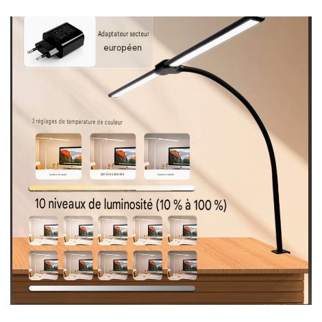 Lampe led à pince noire à double tête bras long protection oculaire sans scintillement éclairage écran ordinateur lampe de lecture étude bureau prise européenne fournie (1/5)