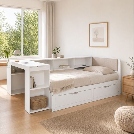 Cama extensible de madera de ingeniería blanca mate, 90x200 cm, con escritorio, 2 cajones, enchufe europeo y somier de láminas. (1/5)