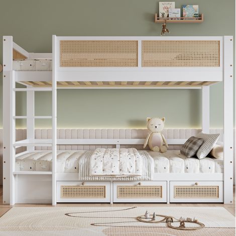 Letto a castello per bambini bianco+naturale 90x200 cm in legno massello e MDF, con 3 cassetti, scala e barriere di sicurezza (1/5)