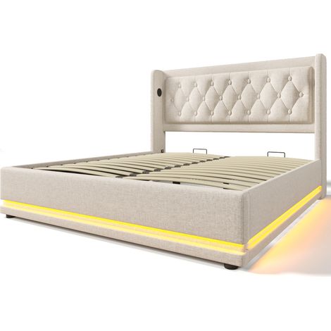 Letto matrimoniale contenitore 180x200 cm in cotone beige con USB-C e LED 3 lati MODENUIT (1/5)