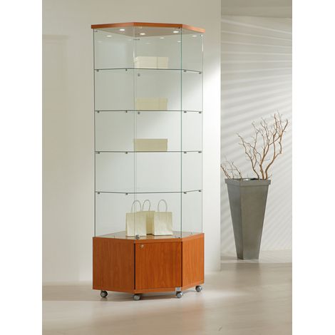 Vetrina Angolare Cristalli Temperati con Mobile e Faretti  68x68x220cm LL OF722M  Made in Italy Colore Ciliegio (1/5)