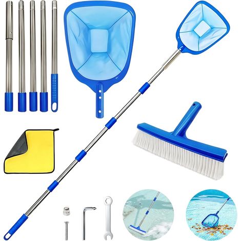 éPuisette Piscine Télescopique 2 en 1 de 185 cm avec brosse, filet à mailles fines, cadre anti-rayures, barre réglable en acier inoxydable pour piscine, étang (1/5)