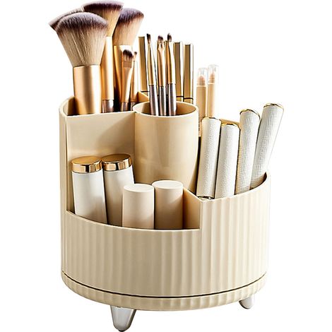Organisateur de bureau de luxe sans perçage pour cosmétiques et produits de soin de la peau, avec compartiments, grande capacité, boîte de rangement rotative pour maquillage, blanc crème. (1/5)