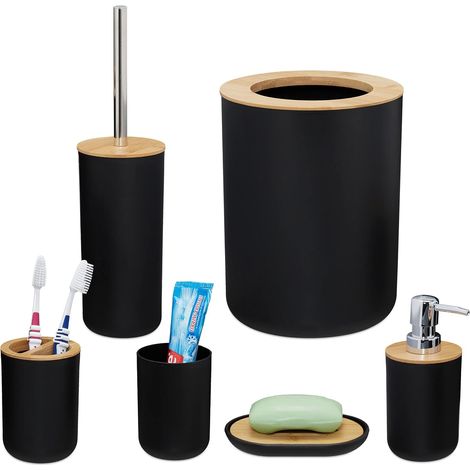 Accessoires Salle de Bain, Lot de 6, en Plastique et en Bambou, Ensemble Complet, Noir