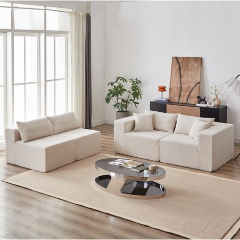 Canapé d’angle modulable 4 places beige en velours côtelé sans montage pour salon - CHICFURN (1/5)