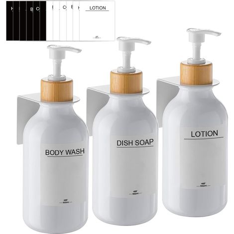 3 Pièces Distributeur Savon Mural, Distributeur de Savon 500ml avec Étiquettes No Perçage pour Cuisine et Salle de Bain -Blanc (1/5)