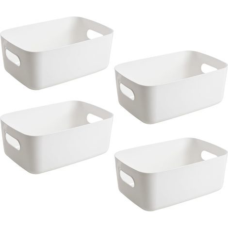 4 Panier, Poignée Intégrée, Plastique Empilable, Blanc, Cuisine Salle de Bain (1/5)