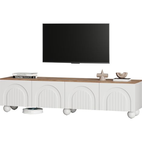 Meuble TV 180 x 40 x 45 cm avec 4 placards, 6 pieds en métal sphériques, lowboard adapté aux téléviseurs jusqu’à 80 pouces, finition bois et blanc