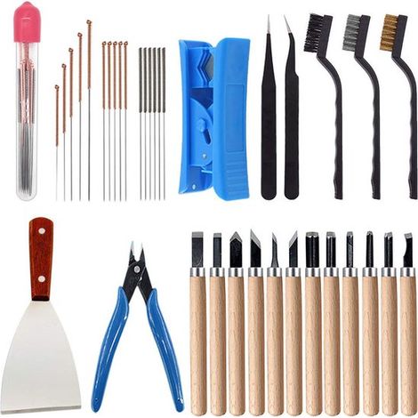 Kit per la pulizia degli ugelli della stampante 3D - Pulitore per ugelli - Aghi in acciaio inossidabile da 0,2 mm - Set di aghi per la pulizia - Pinzette - Chiave inglese - Spazzola in filo di rame -  (1/5)